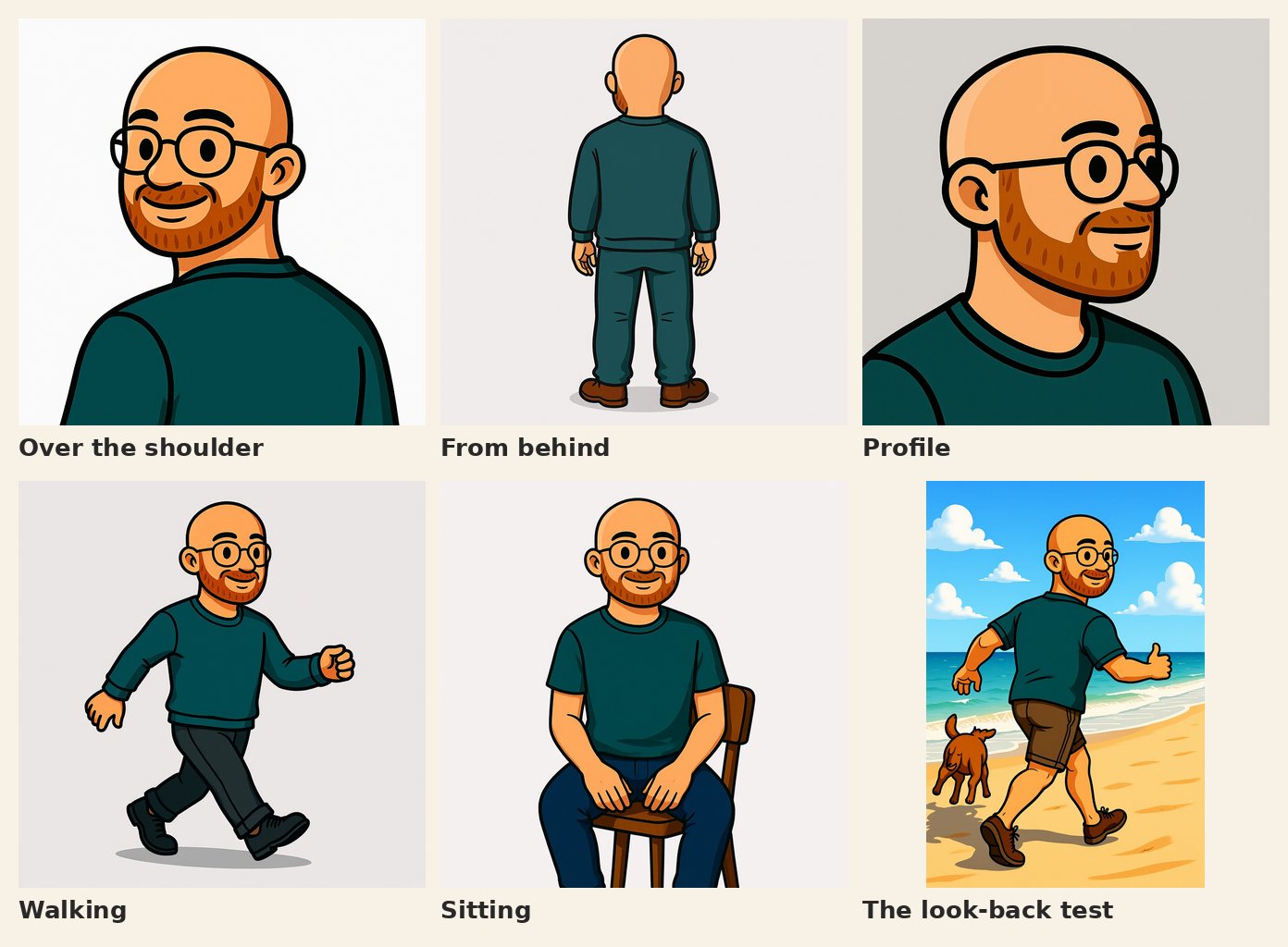 Five views of the cartoon avatar: over the shoulder, from behind, profile, walking and sitting, plus a beach picture where he walks away and looks back over his shoulder
