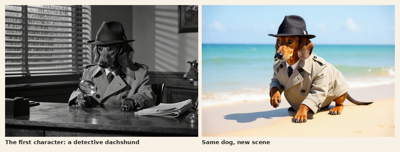 A black-and-white dachshund in a fedora and trench coat at a detective's desk, and the same dachshund on a sunny beach