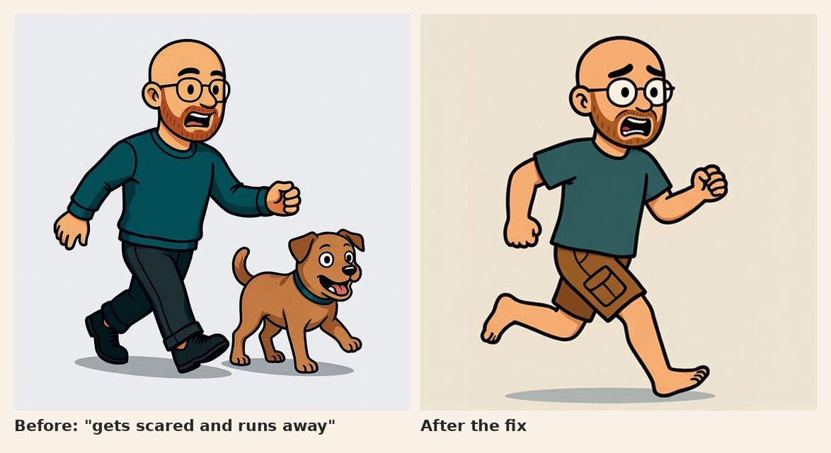 Two pictures of the cartoon avatar and a dog: before the fix he walks calmly beside it, after the fix he runs away terrified